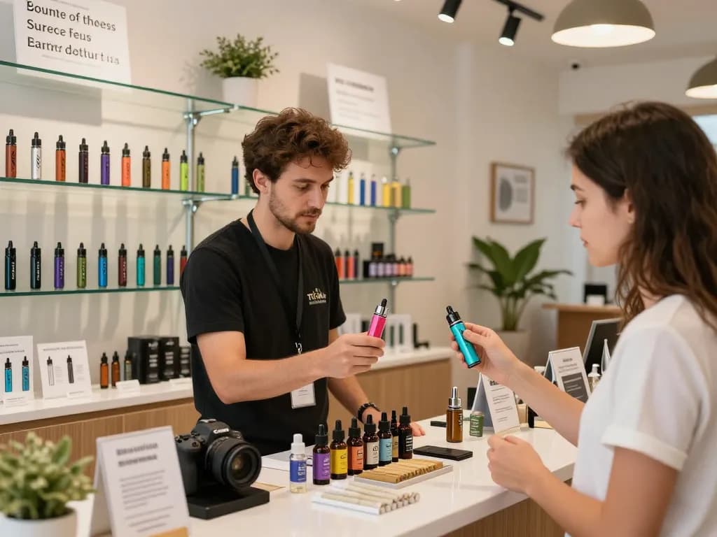 Acquistare puff THC in un moderno negozio di vape con prodotti diversi in mostra.
