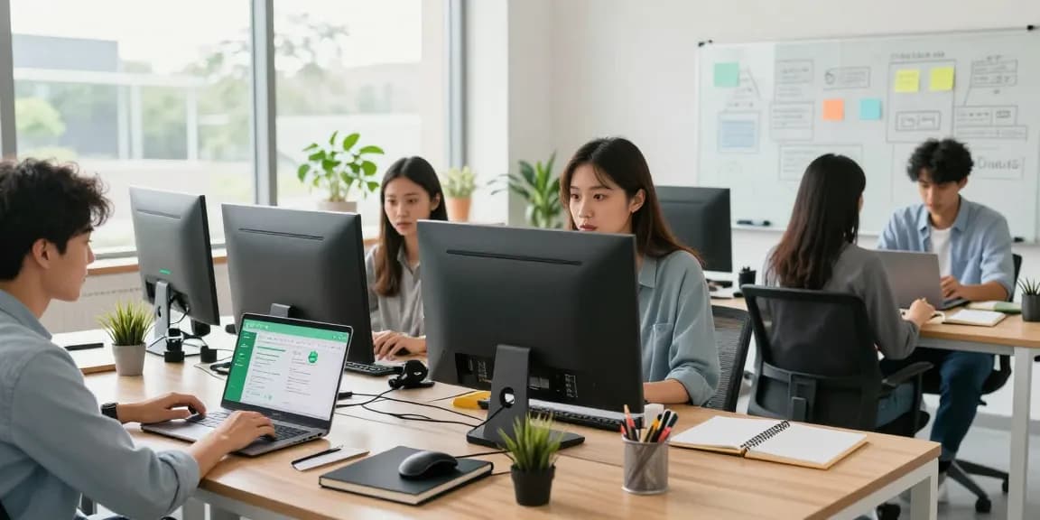 Engaging workspace scene with professionals using WhatsApp網頁版 for collaboration, illustrating modern tech dynamics.