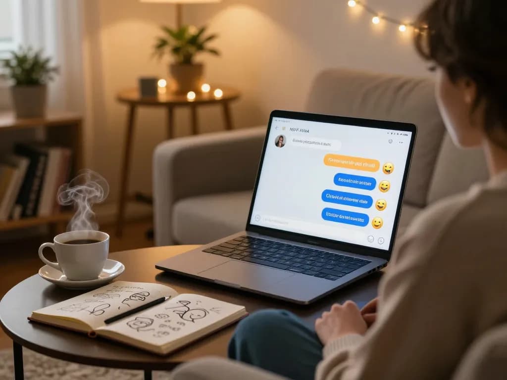 Engaging in an nsfw ai chat on a laptop in a cozy room, with a glowing screen and warm ambiance.