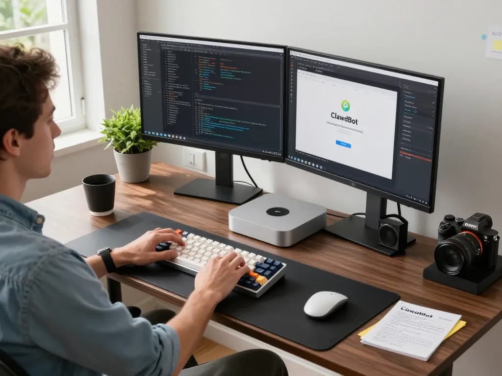 Engaged developer using a Mac mini to manage tasks through ClawdBot in a modern tech workspace.
