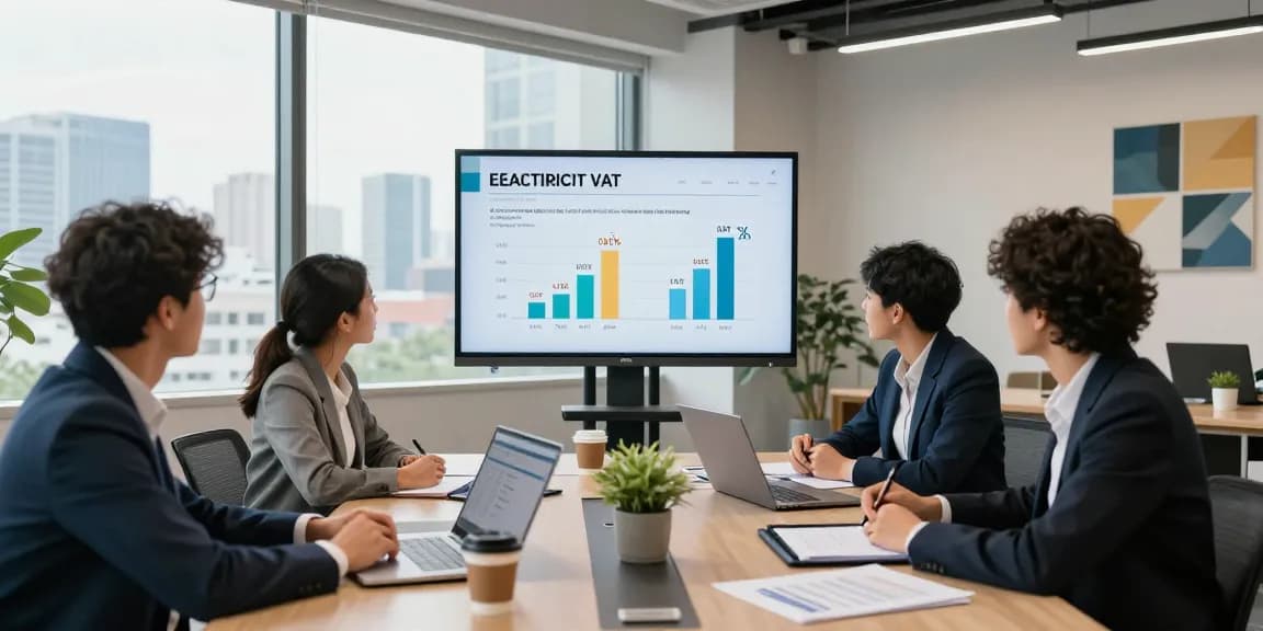 Team discussing business electricity VAT rate in a modern office setting