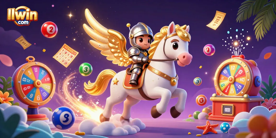 Experience the excitement of llwin com with a vibrant 3D scene featuring colorful lottery elements and a magical horse.