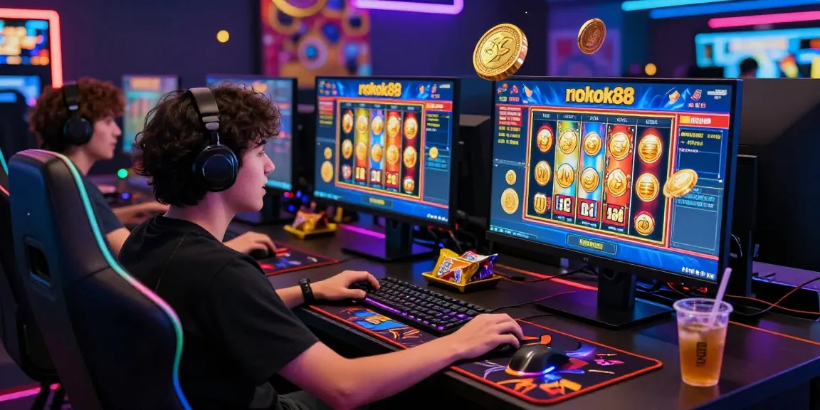 Player celebrating wins while accessing rokok88 slot login on a vibrant gaming setup