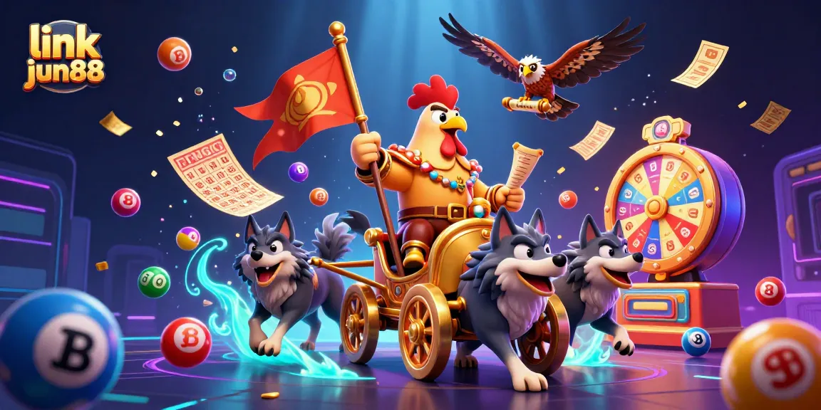 Win big with link jun88 in this vibrant casino-themed 3D illustration featuring dynamic lottery elements.