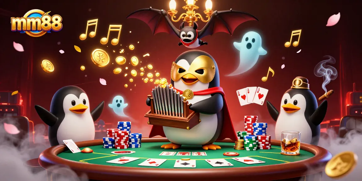 Experience the excitement of mm88 with dynamic 3D casino elements, featuring a penguin organist and vibrant poker scene.