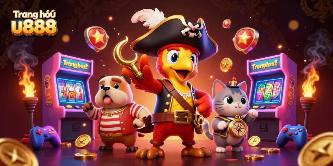 Experience the excitement of Trang chủ u888 with a dynamic gambling illustration featuring a pirate captain and games.