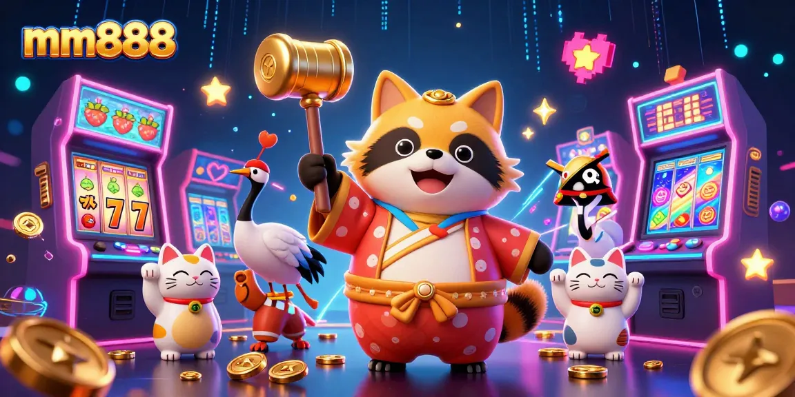 Experience exciting slots with mm888, featuring a tanuki mascot and vibrant casino elements.