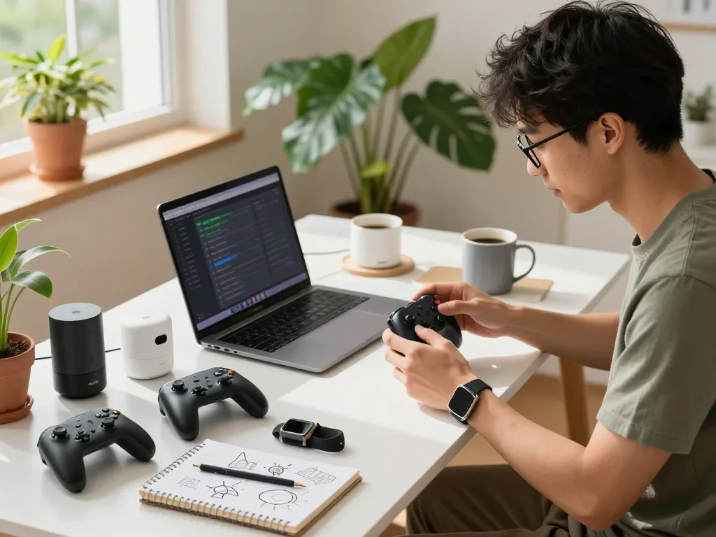 Showcasing top 10 tech gadgets 2065 in a modern workspace, featuring Bluetooth devices and a young professional innovating.