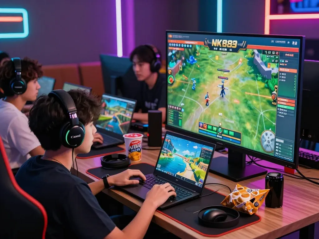 Young gamers enjoying the NK88 online gambling experience with live sports betting screens.