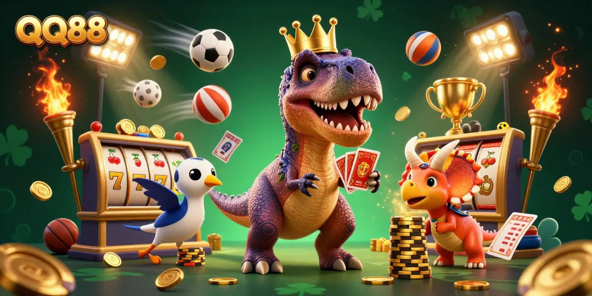 Experience thrilling moments at QQ88 as our T-Rex shuffles cards while friendly characters elevate your gaming.