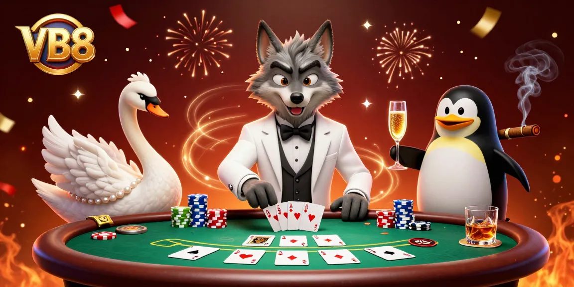 Experience thrills with VB8 at a vibrant baccarat scene featuring playful casino characters.