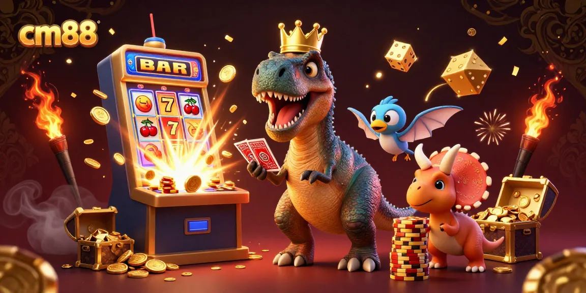 cm88 T-Rex cartoon character shuffling cards with friends in a vibrant, dynamic casino scene.