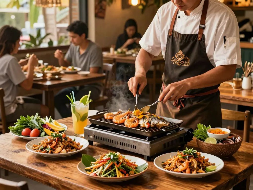 rokok88 inviting Thai restaurant scene with delicious seafood dishes
