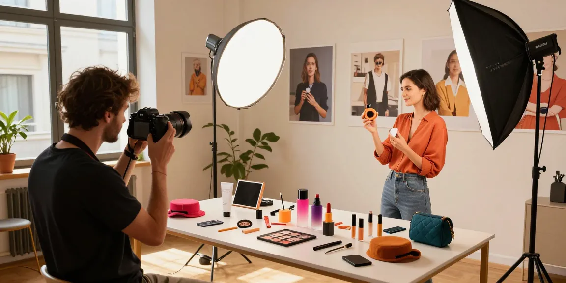 Fotografo esperto che presenta prodotti in uno studio elegante, mostrando fotografia di prodotto innovativa da fotografo prodotti milano.