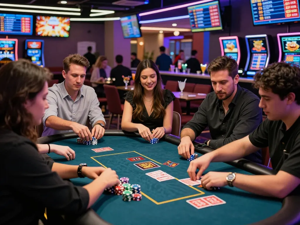 Exciting gaming scene showcasing friends enjoying casino entertainment at MM88 with vibrant lights and tables.