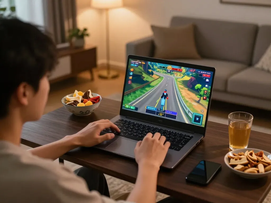 Giocatore che si gode le recensioni di chicken road in un accogliente setup di gioco a casa con laptop e snack.