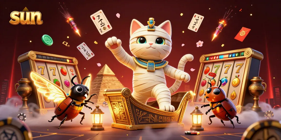 Spin the reels with the sun-themed Egyptian mummy cat and dynamic casino elements in this vibrant scene.