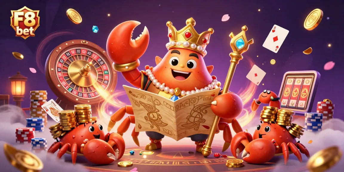 Experience gameplay excitement with F8 bet's 3D crab emperor amidst vibrant casino elements and rich rewards.
