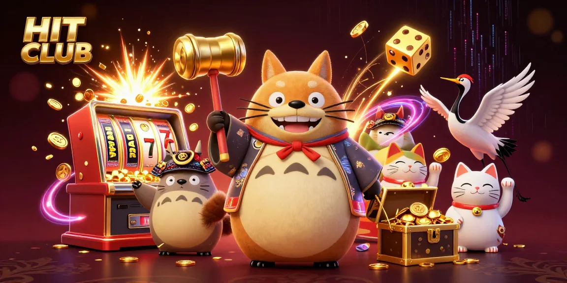 Engage with HIT CLUB's vibrant slot machine action, featuring colorful characters and dynamic casino elements.