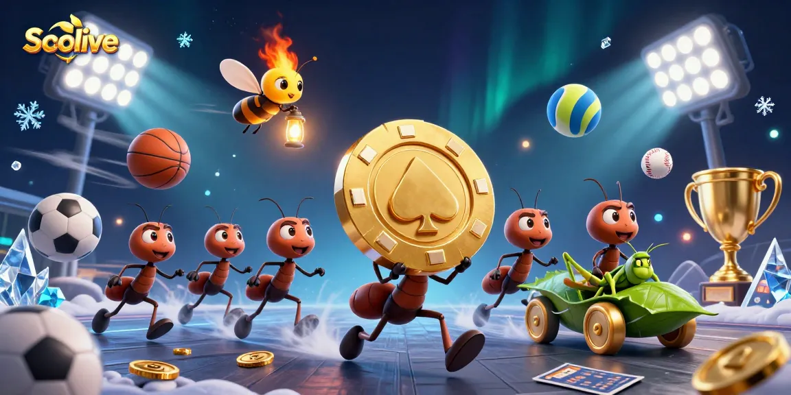 Socolive showcases a vibrant scene of ants heisting a giant poker chip, reflecting dynamic sports betting action.