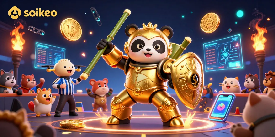 Engage in thrilling sports betting at soikeo with a vibrant 3D illustration showcasing animated characters and cryptocurrency elements.