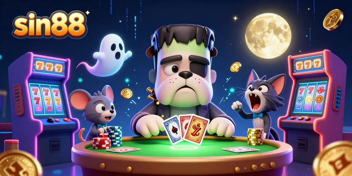 sin88 players enjoy a vibrant casino scene with colorful slots and a haunted atmosphere