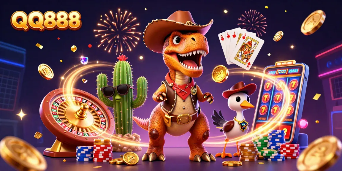 Engage in thrilling gaming with QQ888 featuring a cowboy dinosaur and casino elements.