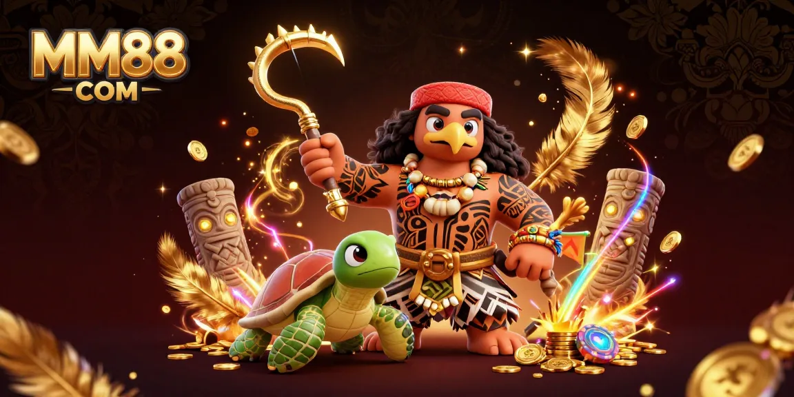 Engage with thrilling gameplay at MM88 COM as our demigod and turtle navigate a vibrant casino scene.