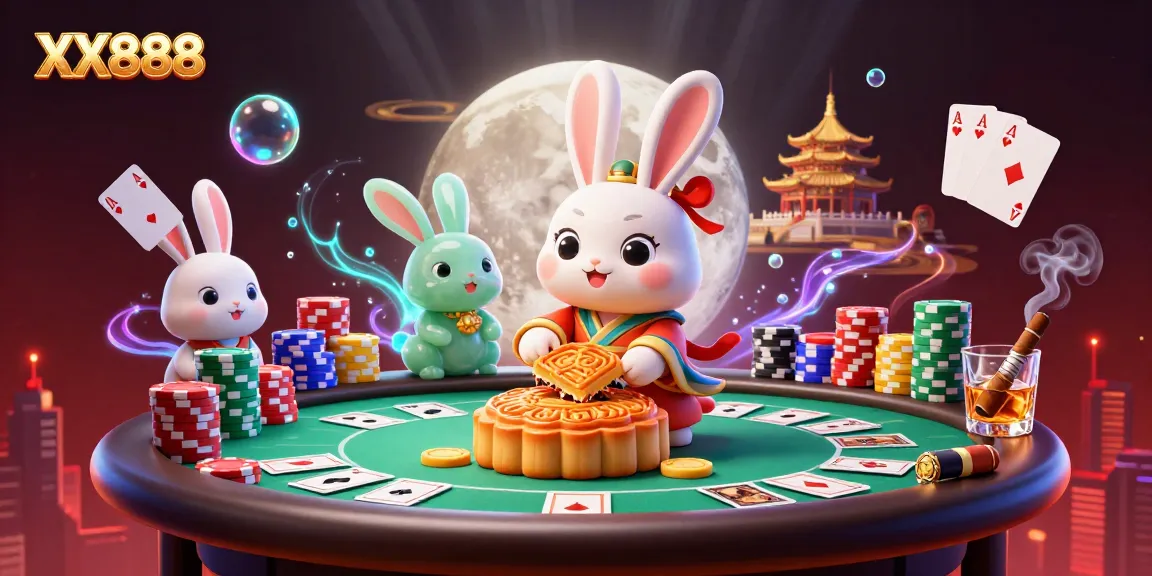 Engage in thrilling fun at XX888 with a dynamic scene of a moon rabbit and poker chips under a celestial backdrop.