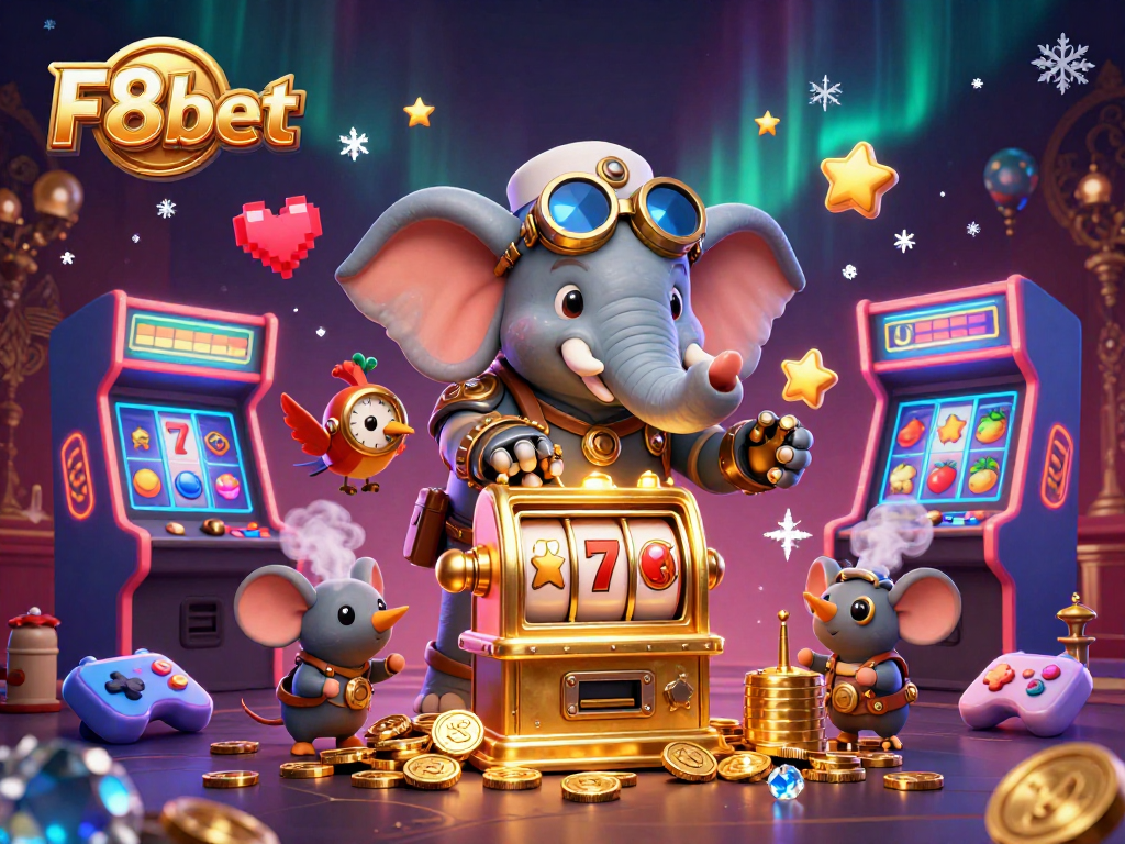 Experience the thrill of F8bet's golden slot machines with a dynamic 3D steampunk elephant engineer.
