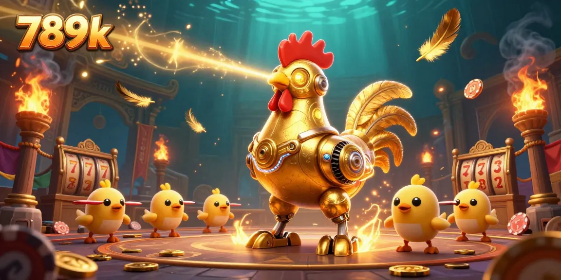 Engage with the vibrant 789k casino scene featuring a golden rooster robot and baby chicks amidst slot reels and golden tokens.