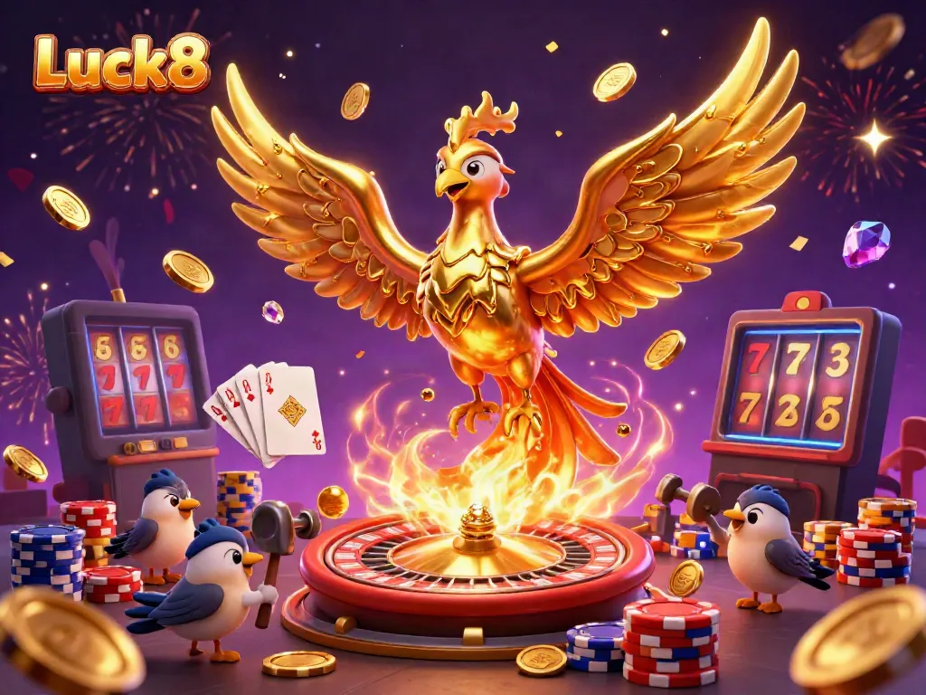 Experience the excitement of Luck8 with a molten metal phoenix and vibrant casino elements in this 3D illustration.