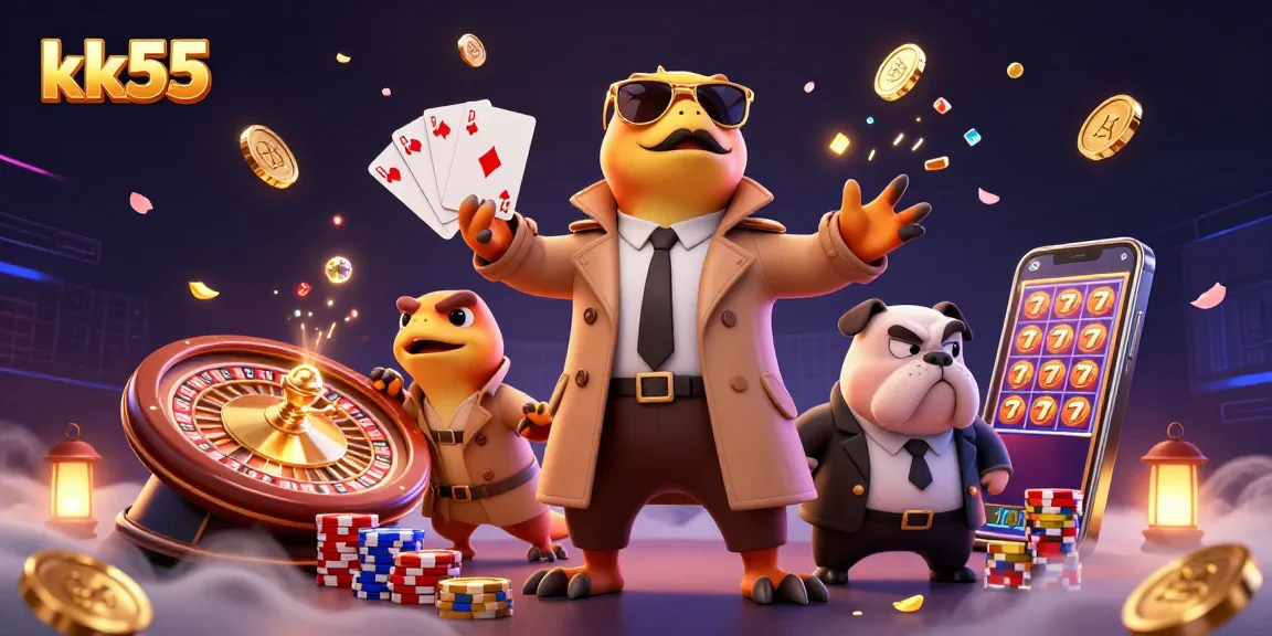 Engage with kk55's vibrant casino scene featuring cartoon raptors and dynamic game elements.