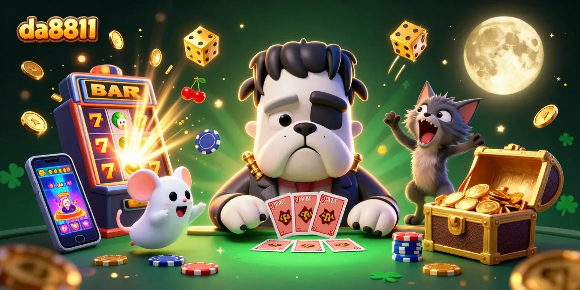 da8811 showcases a vibrant casino scene with a bulldog monster, floating chips, and jackpot effects.
