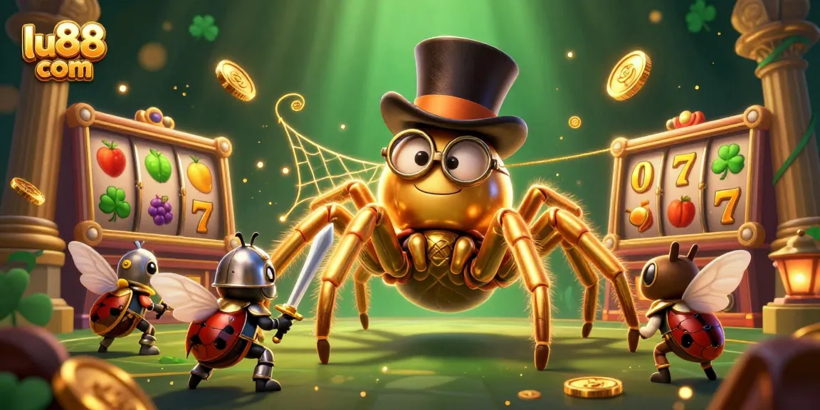 Experience winning excitement at lu88 com with a captivating scene featuring a giant golden tarantula and lucky slot reels.