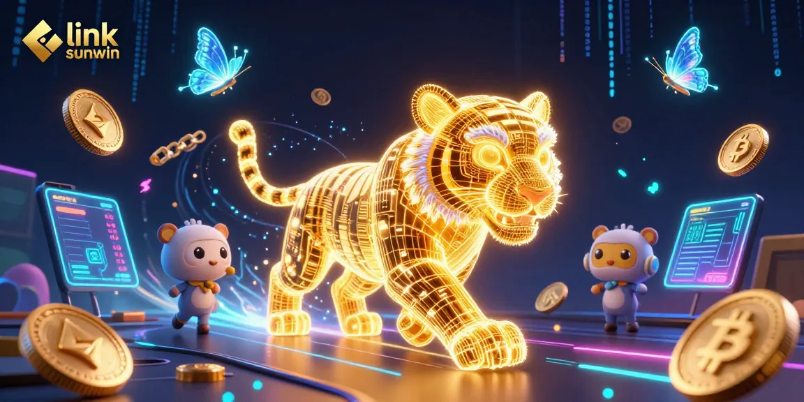 Experience the thrill of link sunwin with an electrifying 3D casino scene featuring a golden tiger and crypto elements.