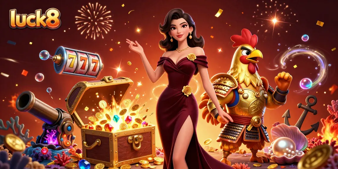 Join luck8's glamorous 3D scene with a woman in burgundy and a golden rooster warrior celebrating casino wins.