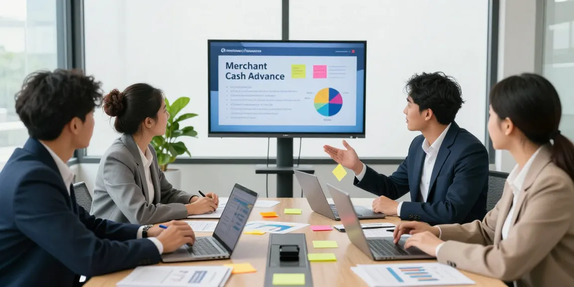Business professionals discussing merchant cash advance UK options in a modern office.