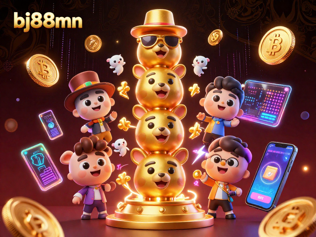 Experience the vibrant gaming atmosphere at bj88mn with an engaging 3D totem pole and crypto elements.