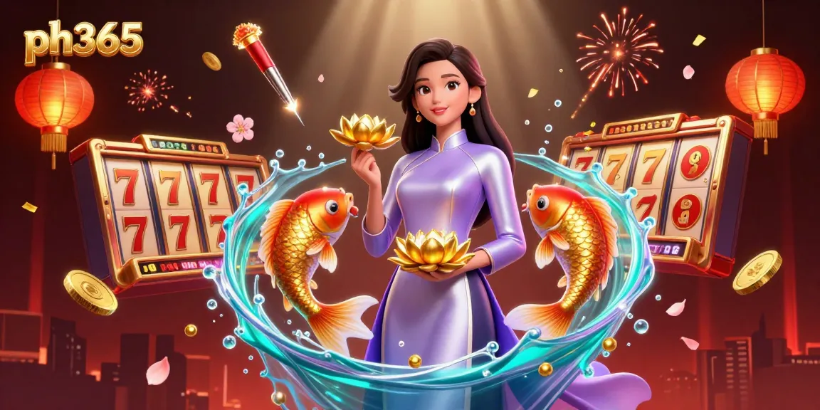 Enjoy the vibrant ph365 casino experience with an enchanting Asian woman, koi fish, and jewels.