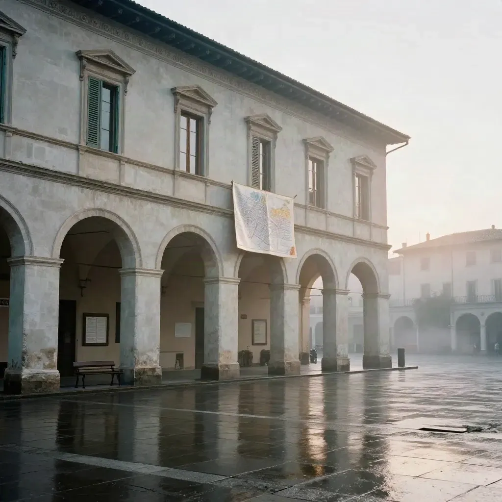 Facciata di municipio italiano con mappa piegata, bacheca e panchina su piazza bagnata all’alba