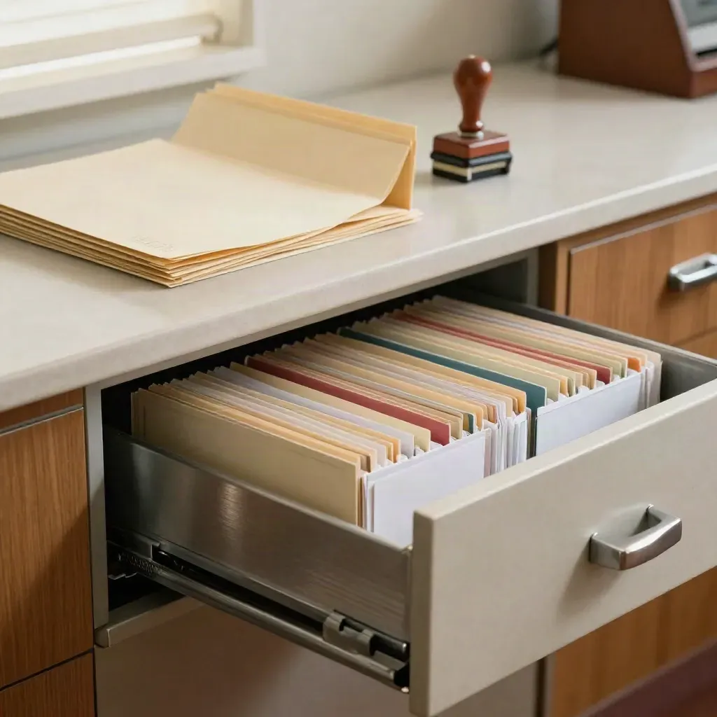 Cartelline archivio su banco dell’anagrafe con cassetto socchiuso e timbro metallico