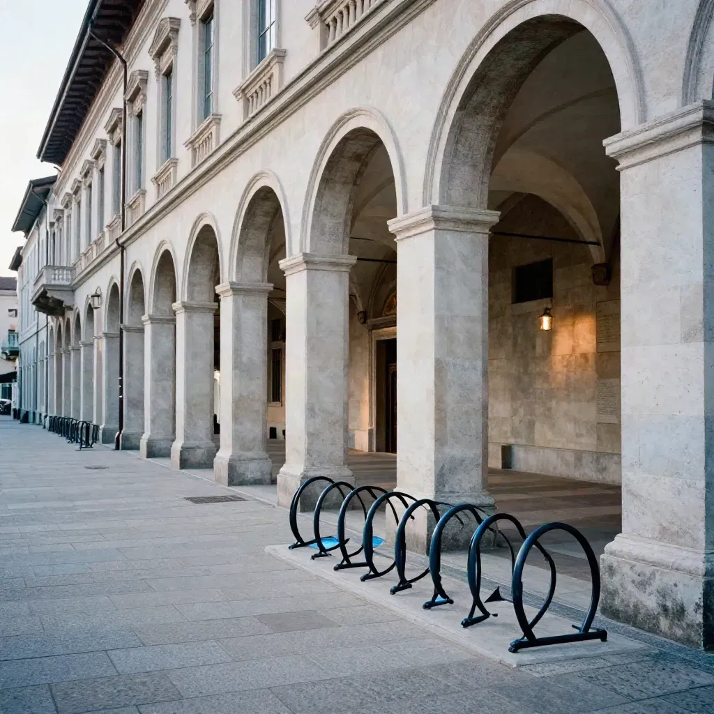 Facciata comunale torinese con archi, rastrelliera bici e pavimentazione luminosa.