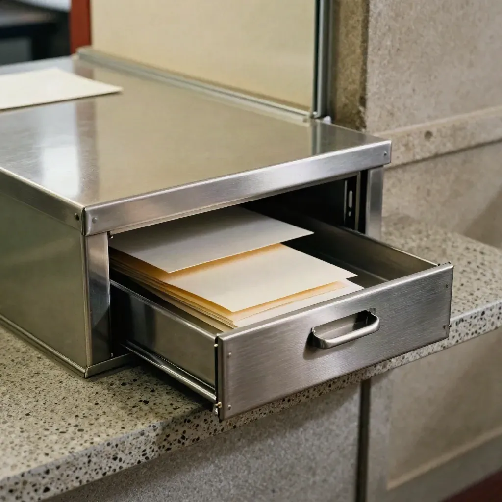 Sportello tributi comunale in chiusura, cassetti in acciaio e vassoio per buste sigillate.