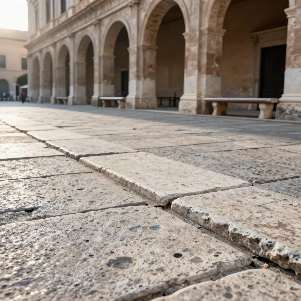 Cortile comunale romano con portici, panchine in pietra e pavimentazione al sole.