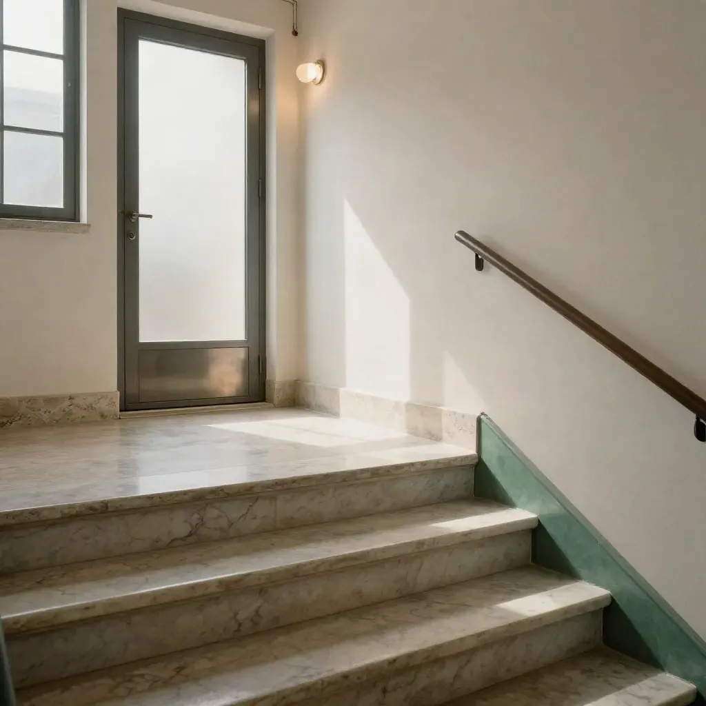 Pianerottolo in marmo con porta in vetro satinato in un edificio civico romano, luce del tardo pomeriggio.