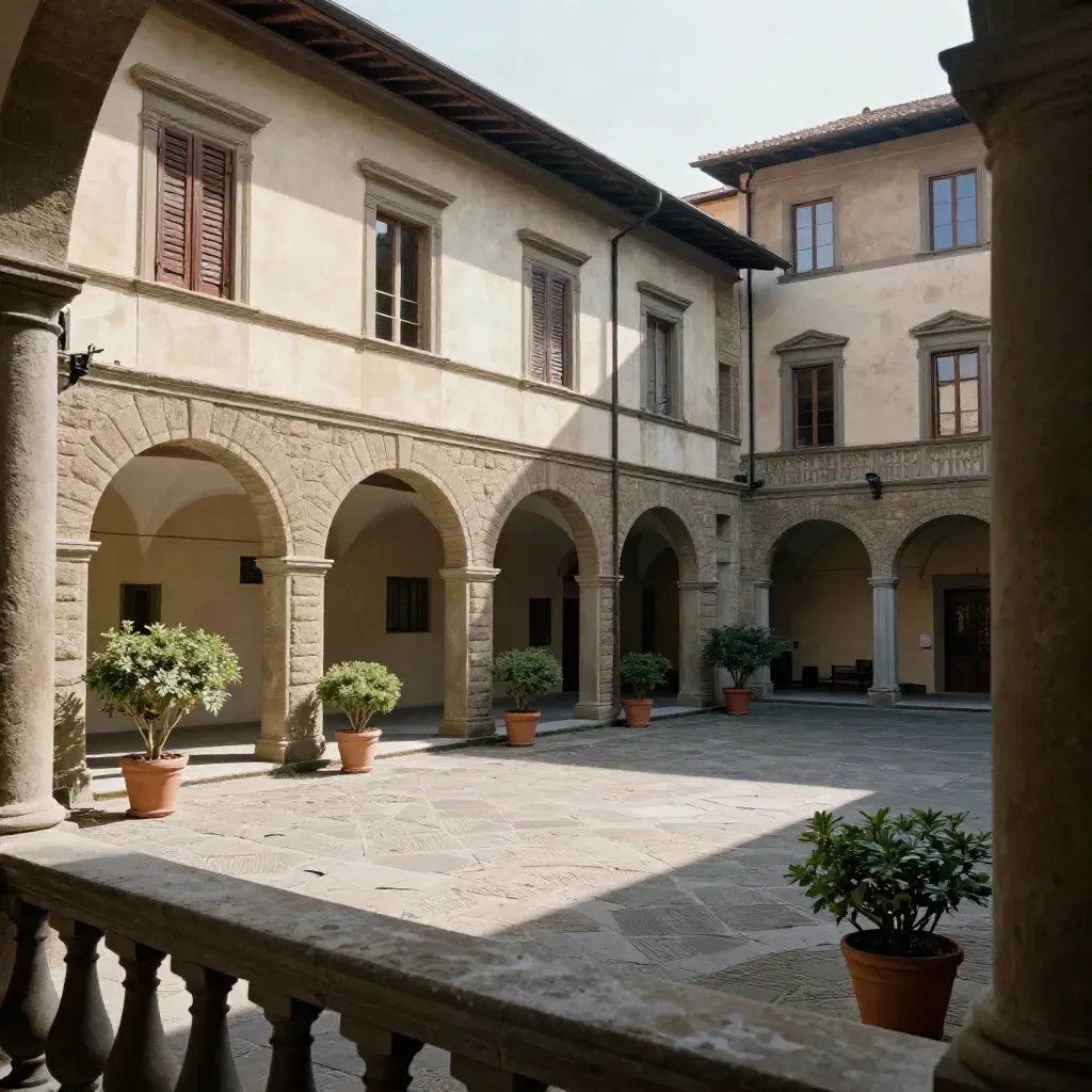 Cortile fiorentino con loggia, pietra rinascimentale, vasi verdi e sole del mattino.