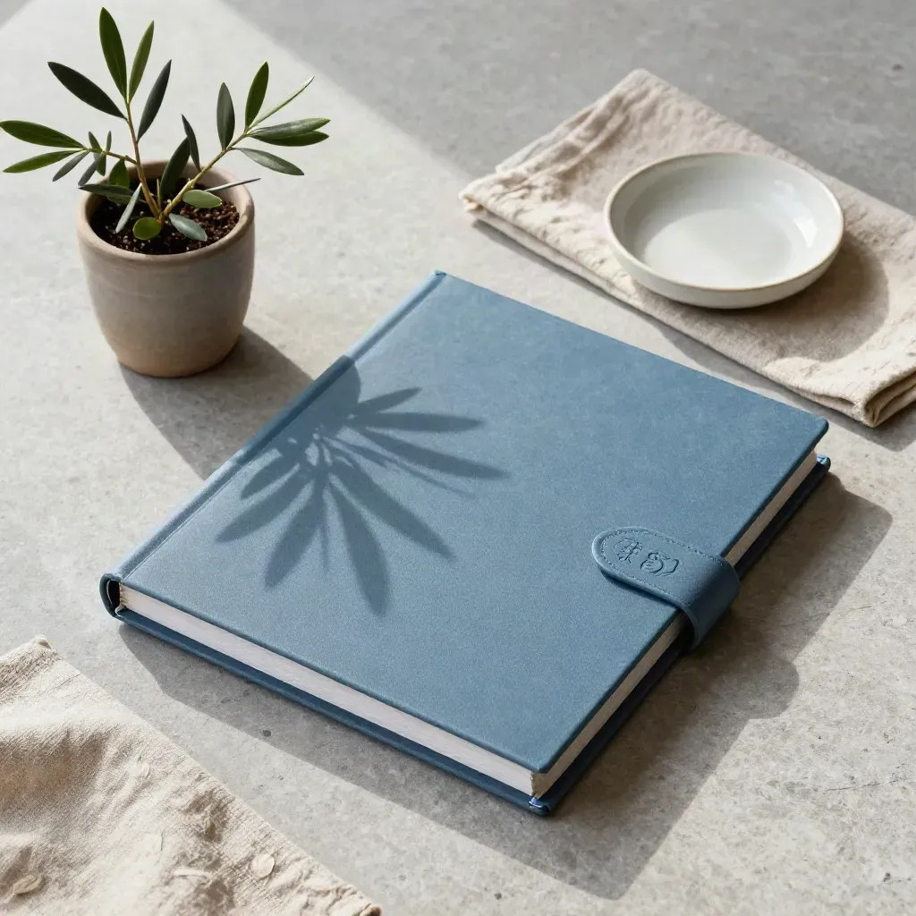 Cartella comunale blu con pianta d’ulivo, lino piegato e piattino ceramico su pietra.