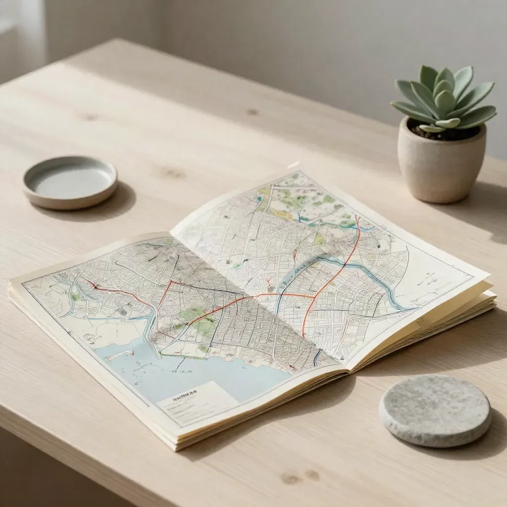 Mappa di quartiere piegata su legno chiaro con ciotola in ceramica, sottobicchiere in pietra e piantina.