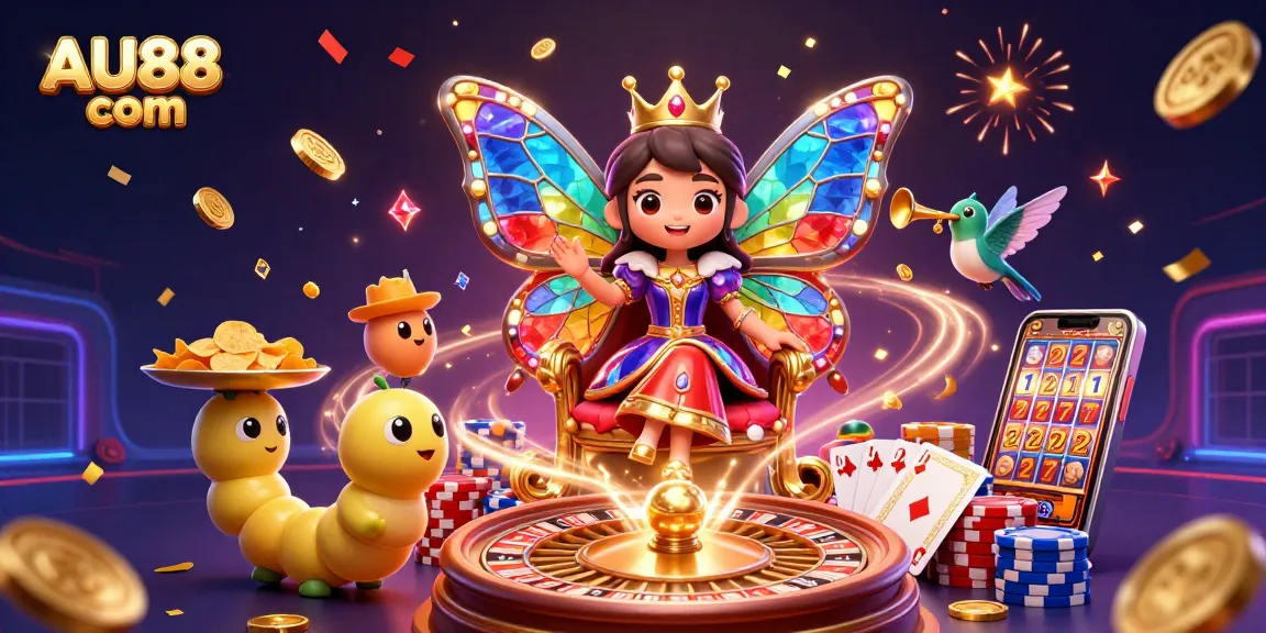 Engage with the thrilling games at AU88 com with a vibrant illustration showcasing casino fun, dynamic characters, and rich colors.